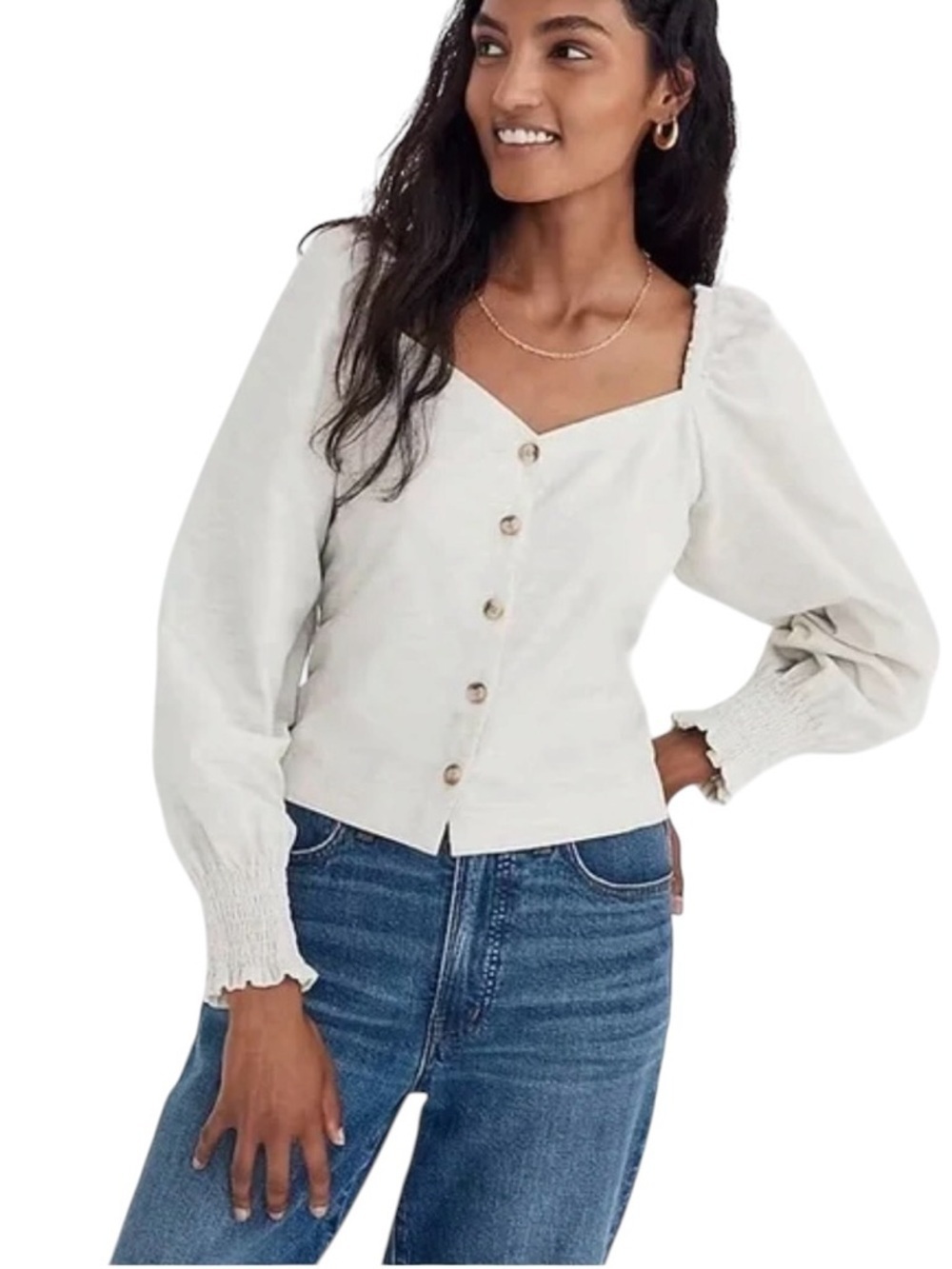 Madewell Corduroy Sweetheart Smock-Back Top Cream Size 12 #2115 NWT